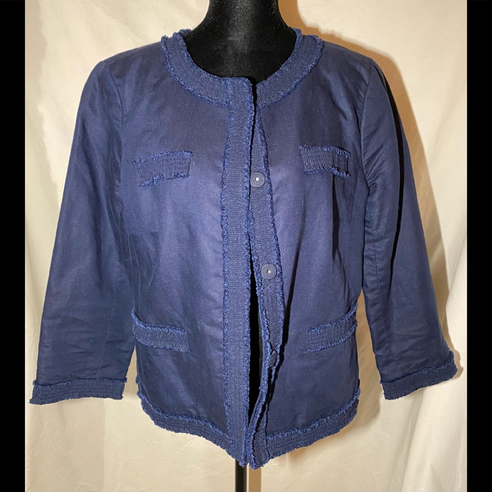 Talbots classic navy blue blazer with fringe trim